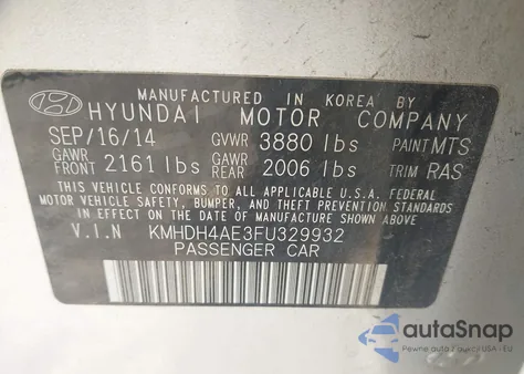 2015 Hyundai Elantra Se z USA, uszkodzony, nr VIN KMHDH4AE3FU329932
